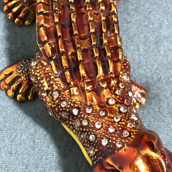 Enameled Alligator Crocodile Trinket Box Rhinestone Hinged Bejeweled - Picture 9 of 13